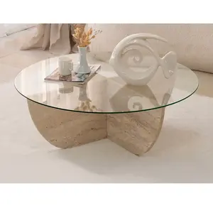 VENTE-UNIQUE Table basse en verre trempé - Effet travertin et Transparent - AYSUN pas cher