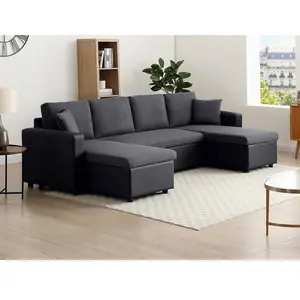 Vente-Unique Canapé d'angle panoramique convertible en simili gris anthracite et noir GAZUR pas cher