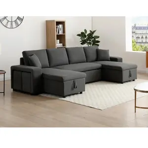 Vente-unique.com Canapé d'angle panoramique convertible avec rangements et poufs en tissu gris anthracite SELIM pas cher