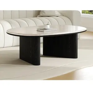 Vente-Unique Table basse en marbre et placage chêne - Beige et noir - CORMINA pas cher