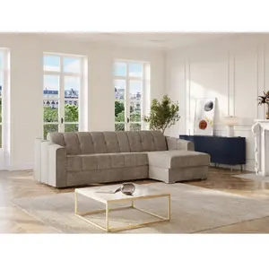 Vente-Unique Canapé d'angle convertible express en tissu texturé taupe - Couchage lattes larges 140 cm - Matelas 22 cm avec mémoire de forme - DARIELO pas cher