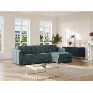 Vente-Unique Canapé d'angle convertible express en tissu texturé bleu canard - Couchage 140 cm - Matelas 14 cm - DARIELO pas cher