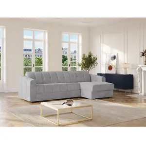 Vente-Unique Canapé d'angle convertible express en tissu texturé gris clair - Couchage lattes larges 160 cm - Matelas 22 cm avec mémoire de forme - DARIELO pas cher