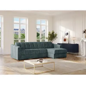Vente-Unique Canapé d'angle convertible express en tissu texturé bleu canard - Couchage lattes larges 160 cm - Matelas 22 cm avec mémoire de forme - DARIELO pas cher
