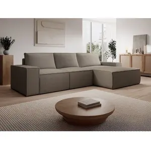 Vente-Unique Grand canapé d'angle droit convertible en velours côtelé taupe AMELIA pas cher
