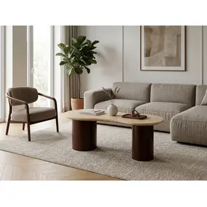 Vente-unique.com Table basse en travertin et bois d'acacia - Beige et naturel foncé - SURILA pas cher