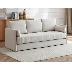 Vente-unique.com Canapé 3 places convertible en tissu beige GRECCO pas cher