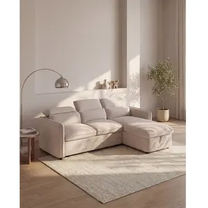 Vente-unique.com Canapé d'angle convertible et réversible en tissu beige MANUKO pas cher