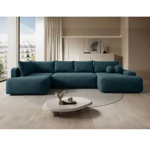 VENTE-UNIQUE Grand Canapé D'Angle Gauche Panoramique Convertible En Tissu Texturé Bleu Daviso pas cher