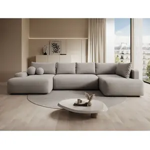 VENTE-UNIQUE Grand Canapé D'Angle Droit Panoramique Convertible En Tissu Texturé Taupe Daviso pas cher