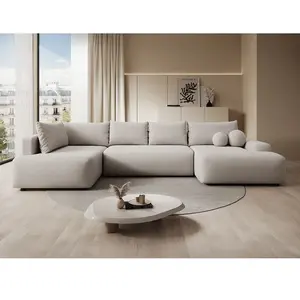 VENTE-UNIQUE Grand Canapé D'Angle Gauche Panoramique Convertible En Tissu Texturé Beige Daviso pas cher