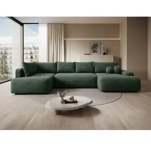 VENTE-UNIQUE Grand Canapé D'Angle Gauche Panoramique Convertible En Tissu Texturé Vert Sapin Daviso pas cher