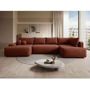 VENTE-UNIQUE Grand Canapé D'Angle Droit Panoramique Convertible En Tissu Texturé Terracotta Daviso pas cher