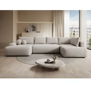 VENTE-UNIQUE Grand Canapé D'Angle Droit Panoramique Convertible En Tissu Texturé Beige Daviso pas cher