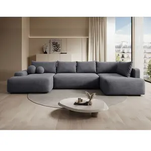 VENTE-UNIQUE Grand Canapé D'Angle Droit Panoramique Convertible En Tissu Texturé Gris Anthracite Daviso pas cher