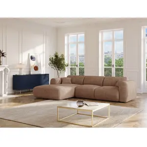 Vente-Unique Grand canapé d'angle gauche convertible express en velours côtelé taupe - Matelas 13 cm mémoire de forme POGNI pas cher