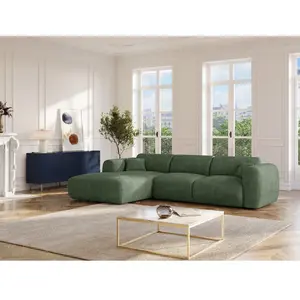 Vente-Unique Grand canapé d'angle gauche convertible express en velours côtelé vert - Matelas 13 cm mémoire de forme POGNI pas cher