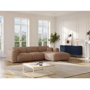 Vente-Unique Grand canapé d'angle droit convertible express en velours côtelé taupe - Matelas 13 cm mémoire de forme POGNI pas cher