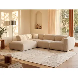 Vente-unique.com Grand canapé d'angle gauche avec dossier méridienne en velours côtelé beige POGNI de Maison Céphy pas cher