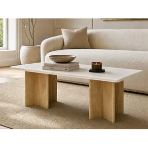 Vente-unique.com Table basse en marbre et bois de manguier - Blanc et Naturel clair - NEYALIA pas cher