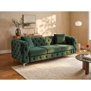Vente-unique.com Canapé 3 places chesterfield en velours vert EDWINA pas cher