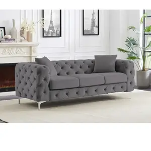 VENTE-UNIQUE Canapé 3 places chesterfield en velours anthracite EDWINA pas cher