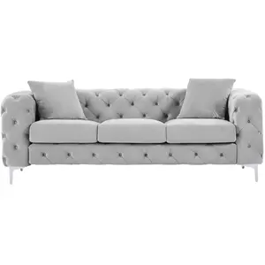 VENTE-UNIQUE Canapé 3 places chesterfield en velours gris clair EDWINA