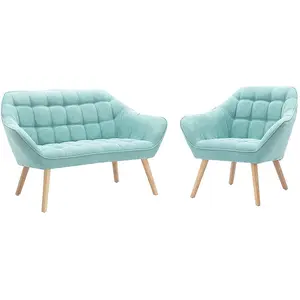 Fauteuil et canapé en tissu vert d'eau CASERTA - VENTE-UNIQUE - Style scandinave - Matelassé - Piètement en bois pas cher