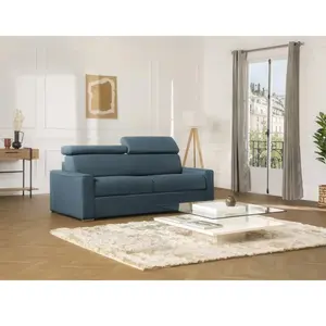 Comparateur de prix : Vente-Unique Canapé 3 places convertible express en tissu bleu - couchage lattes larges 140 cm - Matelas 22 cm avec mémoire de forme VIZIR