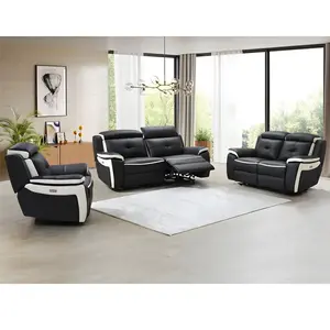 VENTE-UNIQUE Canapé relax électrique en cuir ANGELIQUE - Noir/blanc - 3+2+1 places pas cher