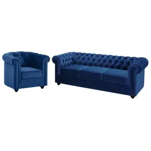 VENTE-UNIQUE Canapé 3 places et fauteuil CHESTERFIELD - Velours bleu roi pas cher