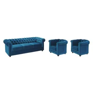 VENTE-UNIQUE Canapé 3 places et 2 fauteuils CHESTERFIELD - Velours bleu canard pas cher