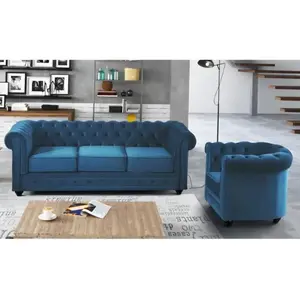 VENTE-UNIQUE Canapé 3 places et fauteuil CHESTERFIELD - Velours bleu canard pas cher