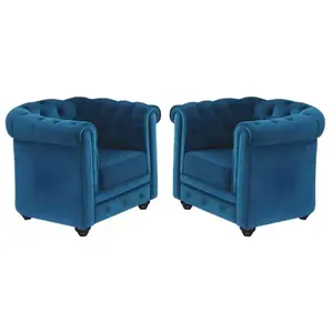 Vente-unique - Lot de 2 Fauteuils Chesterfield - Velours Bleu Canard pas cher