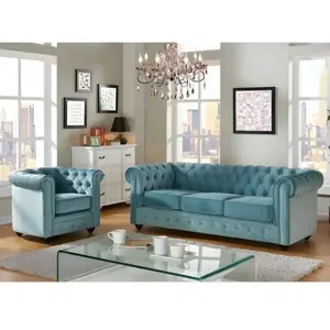 VENTE-UNIQUE Canapé 3 places et fauteuil CHESTERFIELD - Velours bleu pastel pas cher