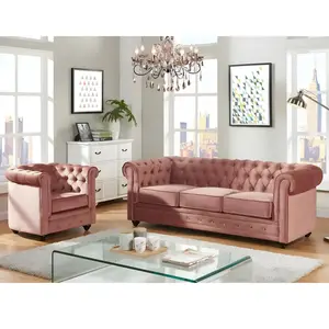 VENTE-UNIQUE Canapé 3 places et fauteuil CHESTERFIELD - Velours rose pastel pas cher