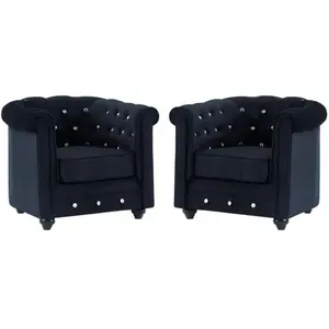 VENTE-UNIQUE Lot de 2 Fauteuils CHESTERFIELD - Velours noir - Accoudoirs - Confortable pas cher