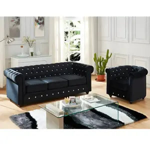 VENTE-UNIQUE Canapé 3 places et fauteuil CHESTERFIELD - velours noir et boutons effet cristal pas cher