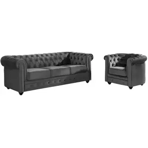 Canapé 3 places et fauteuil CHESTERFIELD - Velours anthracite - VENTE-UNIQUE - Style vintage - Confort ferme pas cher