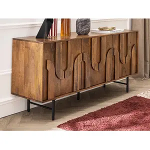 Vente-Unique Buffet avec 3 portes en bois de manguier et métal noir - Naturel - MIZORAM de Maison Céphy pas cher