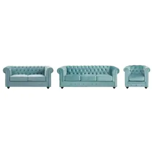 VENTE-UNIQUE Canapés 3 places et 2 places et fauteuil en velours bleu pastel CHESTERFIELD pas cher