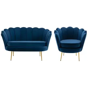 PASCAL MORABITO Canapé 2 places et fauteuil coquillage en velours bleu nuit DANDELION pas cher