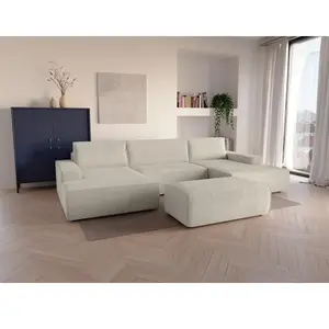 VENTE-UNIQUE Grand canapé d'angle panoramique convertible en velours côtelé beige AMELIA pas cher