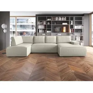 VENTE-UNIQUE Grand canapé d'angle droit panoramique convertible en velours côtelé beige AMELIA pas cher