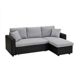 VENTE-UNIQUE Canapé d'angle convertible et réversible en tissu gris clair et noir GAZUR II pas cher