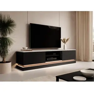 VENTE-UNIQUE Meuble TV 2 tiroirs et 2 niches avec LEDs en MDF - Noir et effet marbre blanc - DEVIKA pas cher