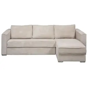 VENTE-UNIQUE Canapé d'angle convertible express et réversible en velours côtelé beige- Couchage 140 cm - Matelas 18 cm LORETO pas cher