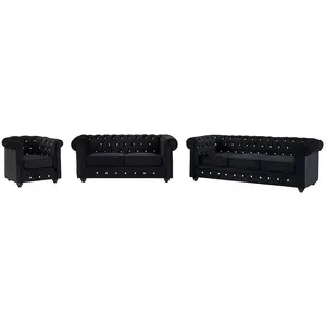 VENTE-UNIQUE Canapés 3 places, 2 places et fauteuil en velours noir et boutons effet cristal CHESTERFIELD pas cher