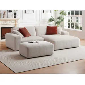 VENTE-UNIQUE Canapé d'angle droit et pouf en velours côtelé beige TIRONO pas cher