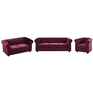 VENTE-UNIQUE Canapés 3 places, 2 places et fauteuil en velours pourpre CHESTERFIELD pas cher